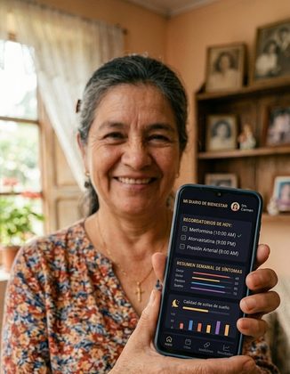 Laura G., 51 años — segurando o app 432Hz